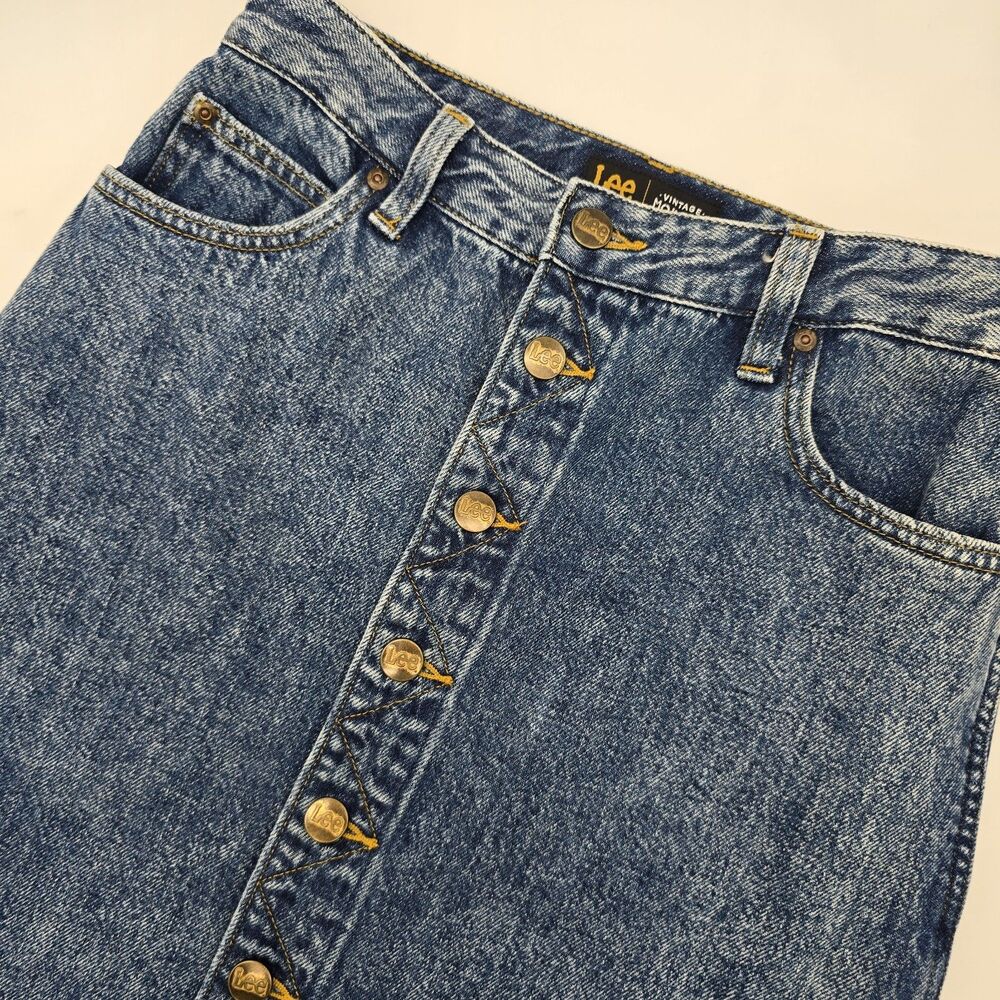 Lee Vintage Modern High Rise Midi Denim Skirt Full Button Women's 29
